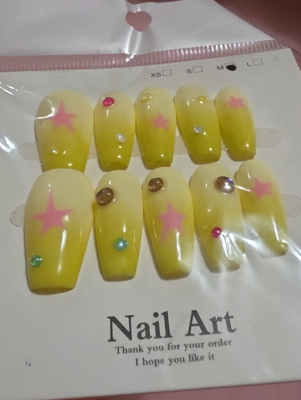 Yellow Star Accent Press-On Nails with Pink Stars and Gems